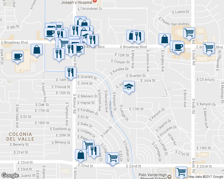 map of restaurants, bars, coffee shops, grocery stores, and more near 458 South Kenyon Drive in Tucson