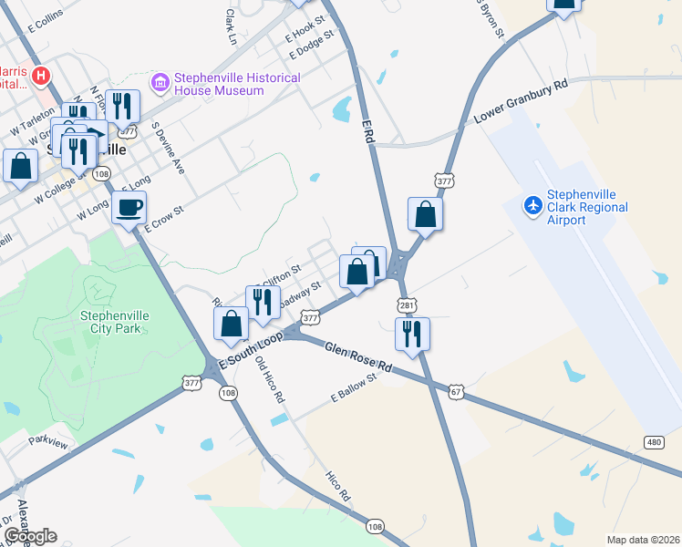 map of restaurants, bars, coffee shops, grocery stores, and more near 604 East Broadway Street in Stephenville
