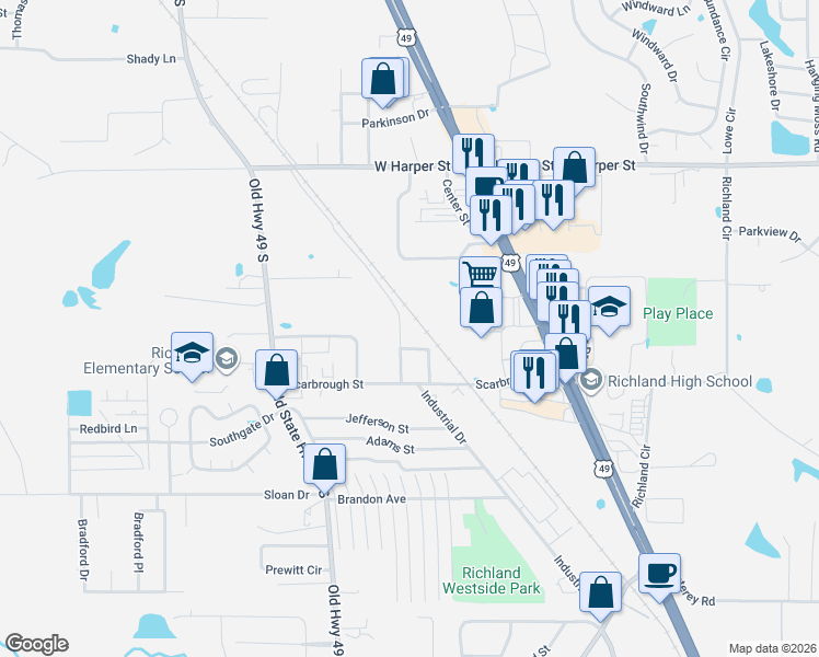 map of restaurants, bars, coffee shops, grocery stores, and more near 345 Scarbrough Cir in Richland