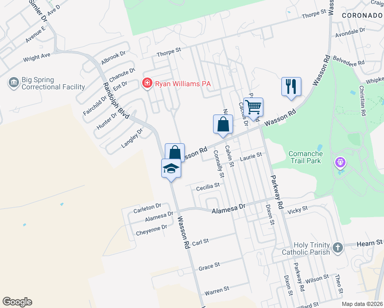 map of restaurants, bars, coffee shops, grocery stores, and more near 1900 Wasson Road in Big Spring