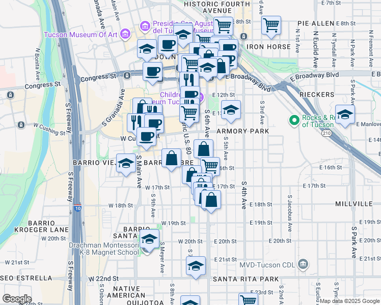 map of restaurants, bars, coffee shops, grocery stores, and more near 443 South Stone Avenue in Tucson