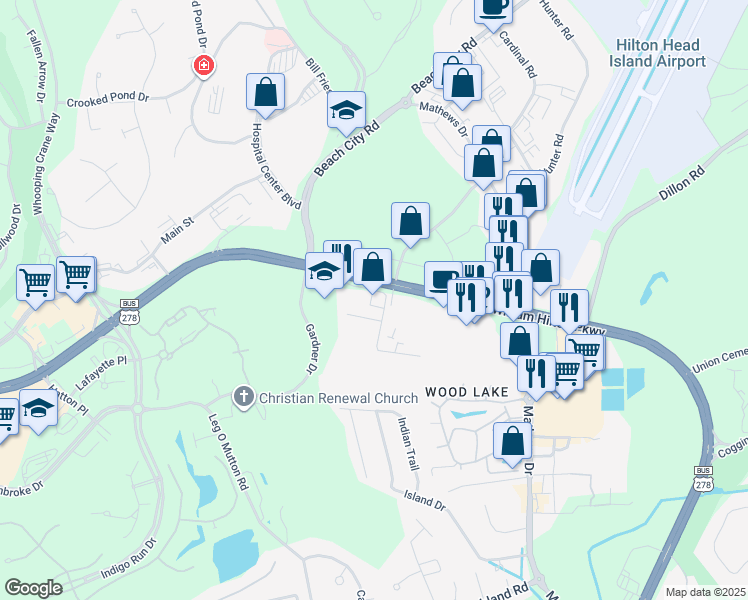 map of restaurants, bars, coffee shops, grocery stores, and more near 6 Southwood Park Drive in Hilton Head Island