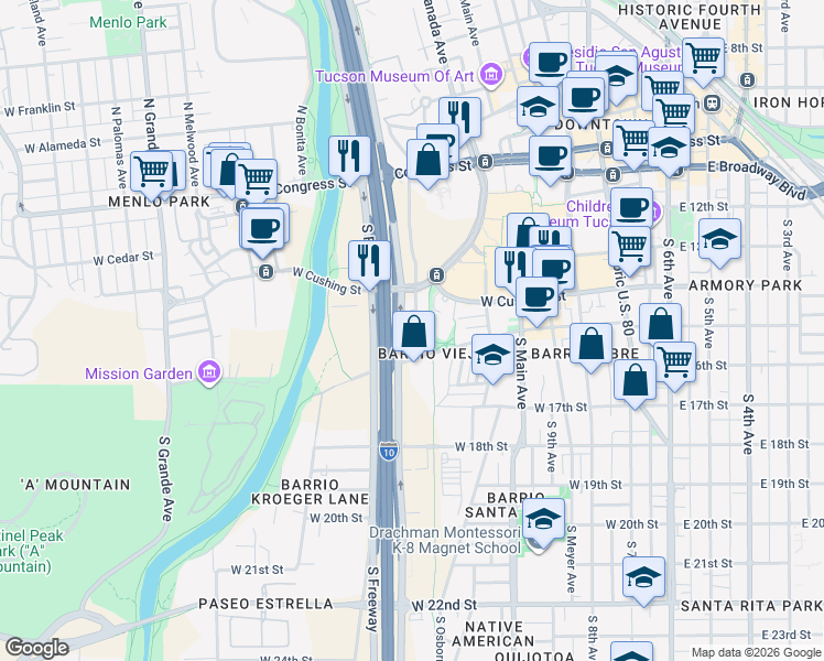 map of restaurants, bars, coffee shops, grocery stores, and more near 625 West Peak Street in Tucson