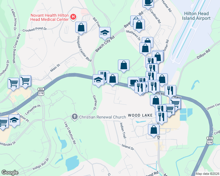map of restaurants, bars, coffee shops, grocery stores, and more near 4 Southwood Park Drive in Hilton Head Island