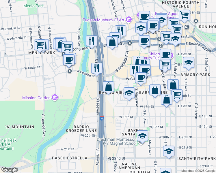 map of restaurants, bars, coffee shops, grocery stores, and more near 625 West Peak Street in Tucson
