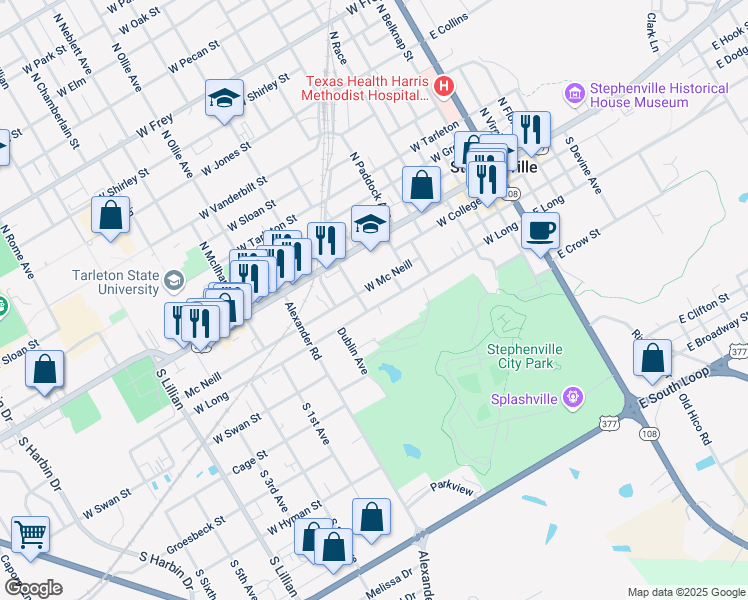 map of restaurants, bars, coffee shops, grocery stores, and more near 378 South Baxter Avenue in Stephenville