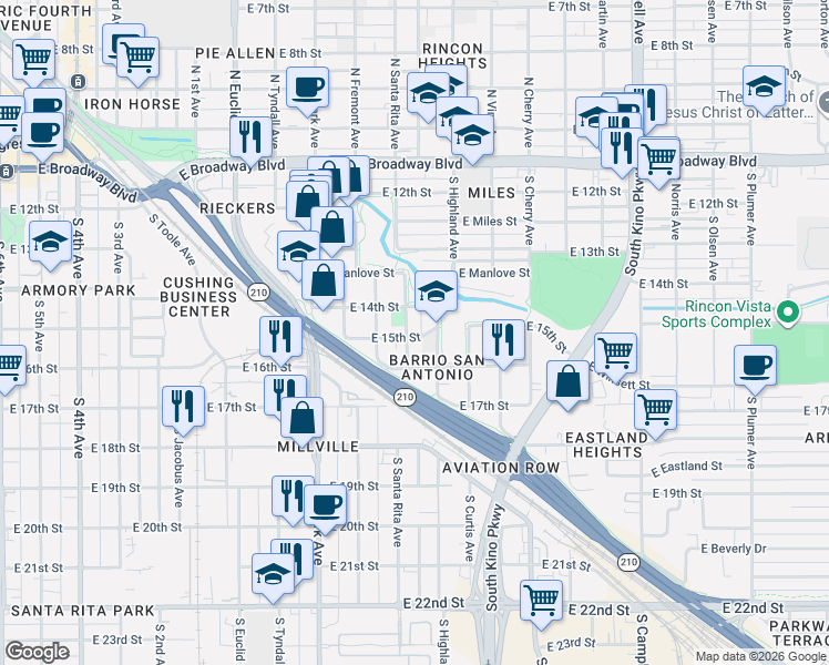 map of restaurants, bars, coffee shops, grocery stores, and more near 510 South Highland Avenue in Tucson