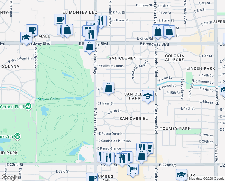 map of restaurants, bars, coffee shops, grocery stores, and more near 3900 East Timrod Street in Tucson