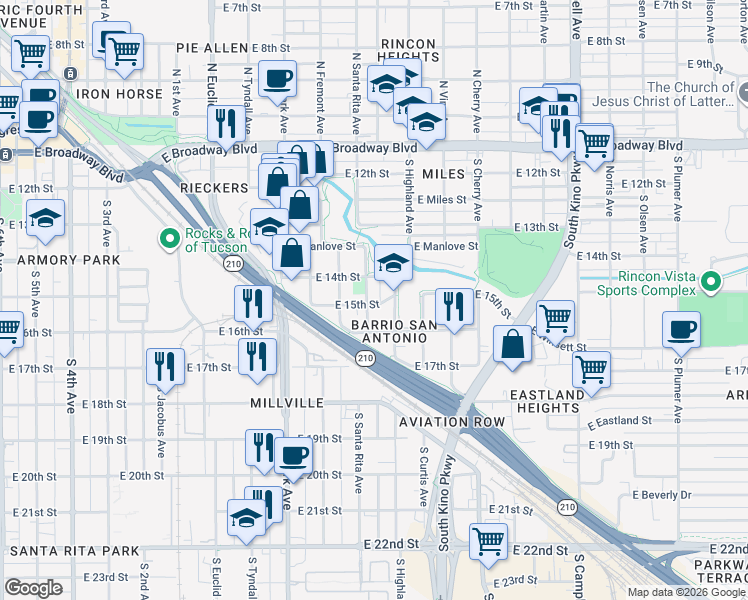 map of restaurants, bars, coffee shops, grocery stores, and more near 510 South Highland Avenue in Tucson