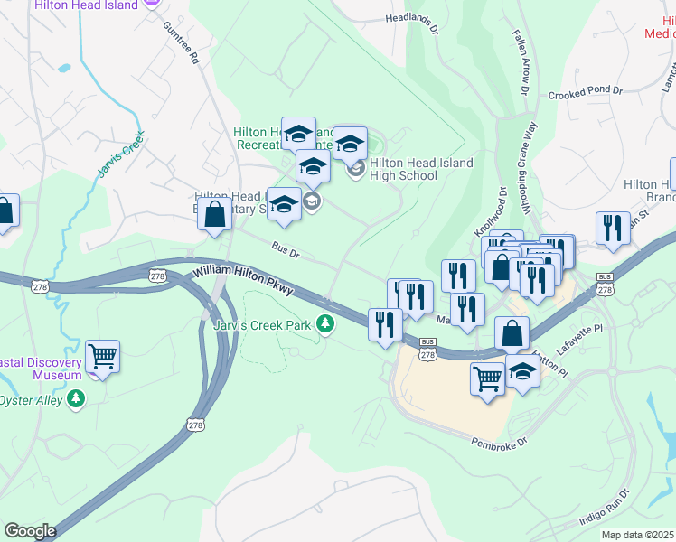 map of restaurants, bars, coffee shops, grocery stores, and more near 70 Wilborn Road in Hilton Head Island