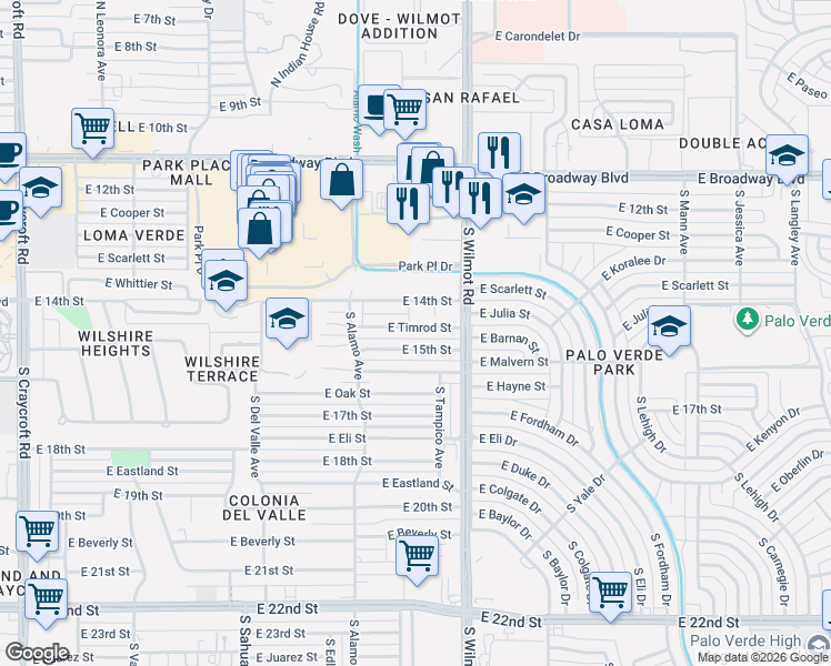map of restaurants, bars, coffee shops, grocery stores, and more near 6202 East Timrod Street in Tucson
