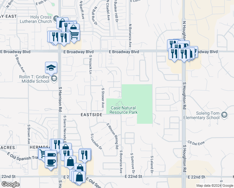 map of restaurants, bars, coffee shops, grocery stores, and more near 421 South Marango Lane in Tucson