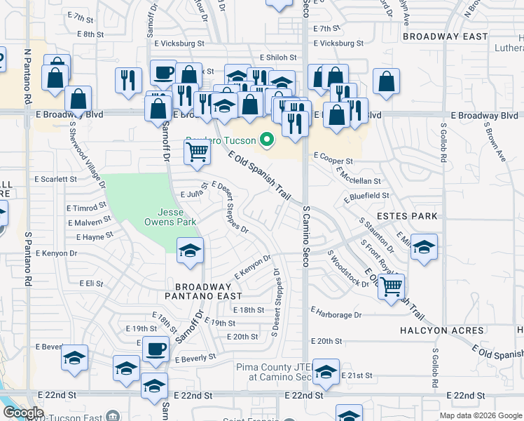 map of restaurants, bars, coffee shops, grocery stores, and more near 8602 East Old Spanish Trail in Tucson