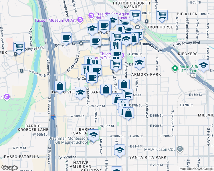 map of restaurants, bars, coffee shops, grocery stores, and more near in Tucson
