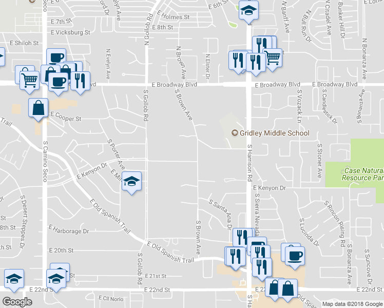 map of restaurants, bars, coffee shops, grocery stores, and more near 434 South Brown Avenue in Tucson