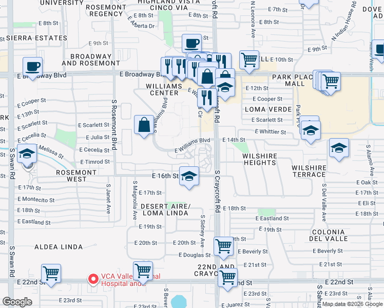 map of restaurants, bars, coffee shops, grocery stores, and more near 5411 East Timrod Street in Tucson