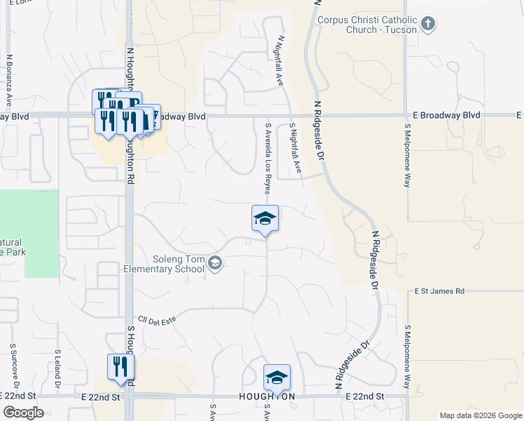 map of restaurants, bars, coffee shops, grocery stores, and more near 10682 East Placita Los Reyes in Tucson