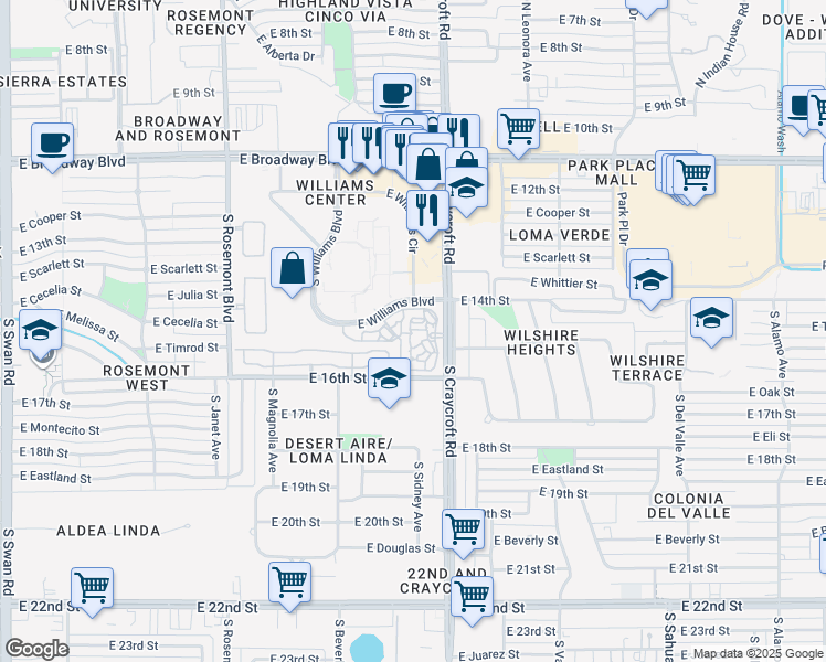 map of restaurants, bars, coffee shops, grocery stores, and more near 5400 East Williams Boulevard in Tucson