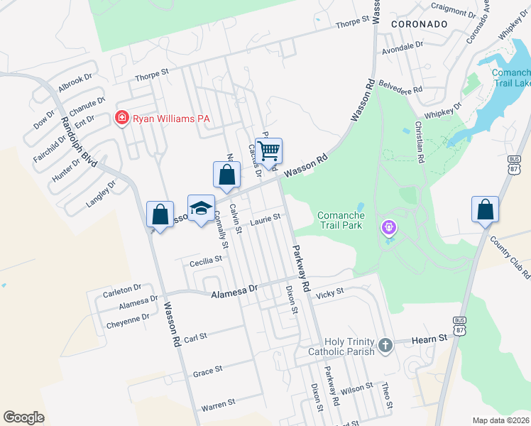 map of restaurants, bars, coffee shops, grocery stores, and more near 1744 Laurie Street in Big Spring