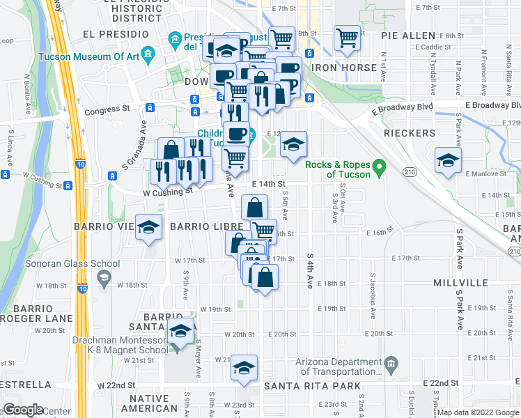 map of restaurants, bars, coffee shops, grocery stores, and more near S 6th Ave & E 15th St in Tucson
