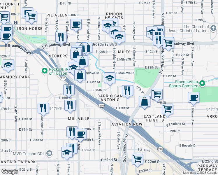 map of restaurants, bars, coffee shops, grocery stores, and more near 510 South Highland Avenue in Tucson
