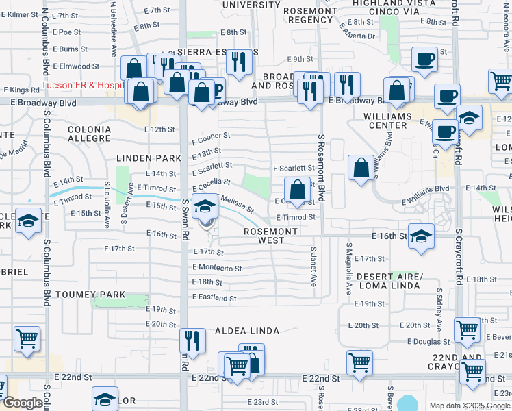 map of restaurants, bars, coffee shops, grocery stores, and more near 4875 East Melissa Street in Tucson