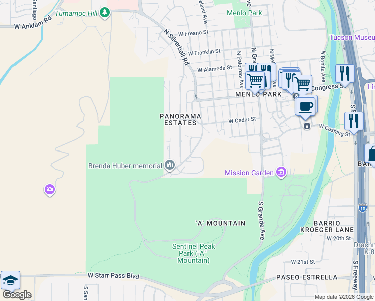 map of restaurants, bars, coffee shops, grocery stores, and more near 523 South Stephanie Loop in Tucson