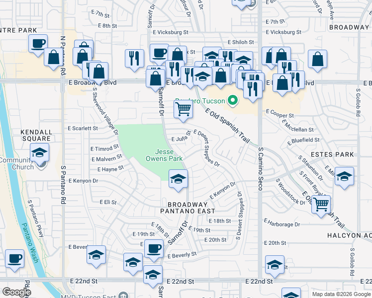 map of restaurants, bars, coffee shops, grocery stores, and more near 8430 East Timrod Street in Tucson