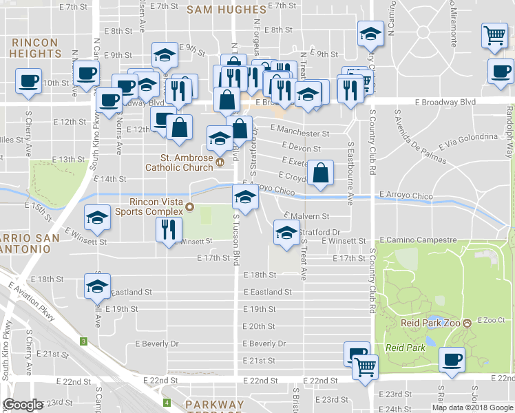 map of restaurants, bars, coffee shops, grocery stores, and more near 442 South Stratford Drive in Tucson