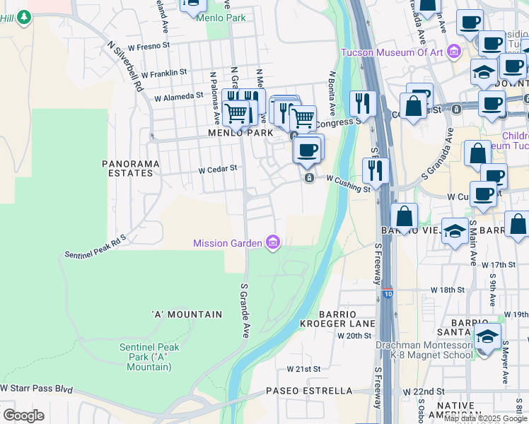 map of restaurants, bars, coffee shops, grocery stores, and more near 402 South Melwood Avenue in Tucson