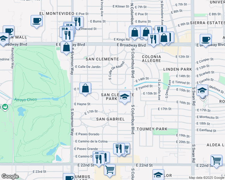 map of restaurants, bars, coffee shops, grocery stores, and more near 4144 East Timrod Street in Tucson