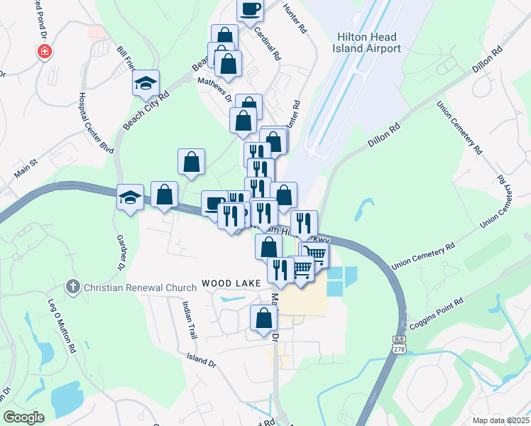map of restaurants, bars, coffee shops, grocery stores, and more near 439 William Hilton Parkway in Hilton Head Island