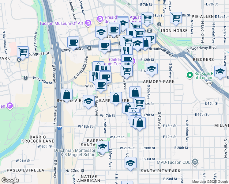 map of restaurants, bars, coffee shops, grocery stores, and more near in Tucson