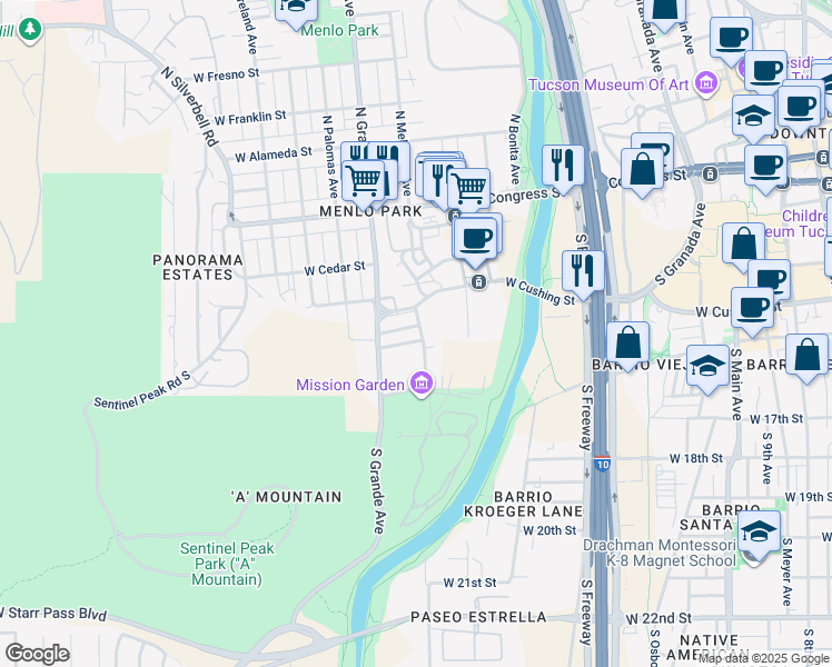 map of restaurants, bars, coffee shops, grocery stores, and more near 402 South Melwood Avenue in Tucson