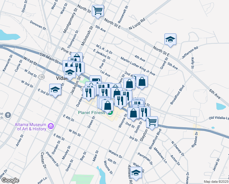 map of restaurants, bars, coffee shops, grocery stores, and more near Southeast Main Street in Vidalia