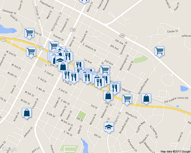 map of restaurants, bars, coffee shops, grocery stores, and more near Southeast Main Street in Vidalia