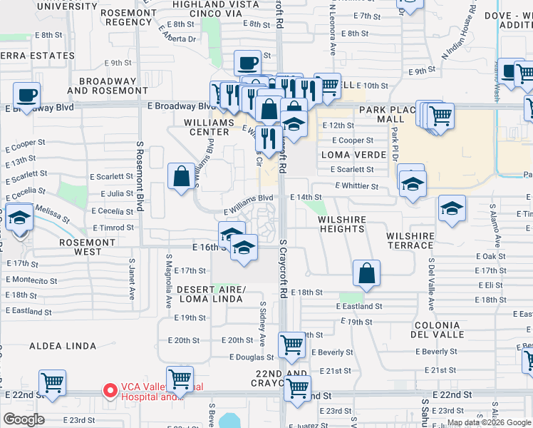 map of restaurants, bars, coffee shops, grocery stores, and more near 5400 East Williams Boulevard in Tucson