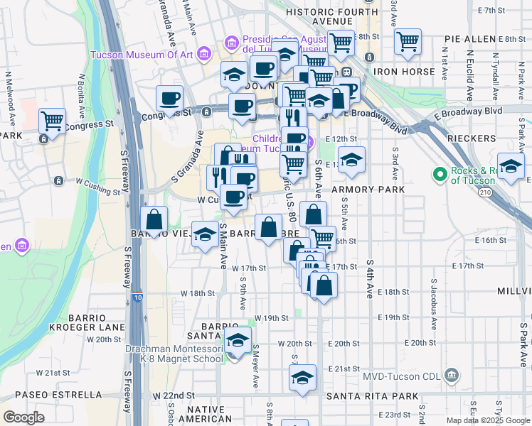 map of restaurants, bars, coffee shops, grocery stores, and more near in Tucson