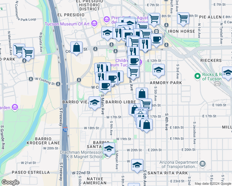 map of restaurants, bars, coffee shops, grocery stores, and more near 447 South Meyer Avenue in Tucson