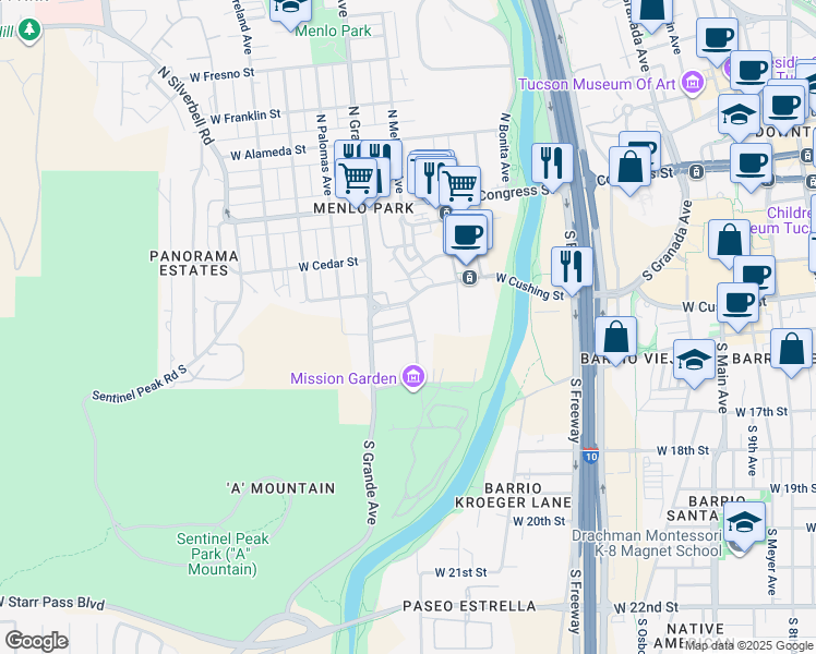 map of restaurants, bars, coffee shops, grocery stores, and more near 402 South Melwood Avenue in Tucson