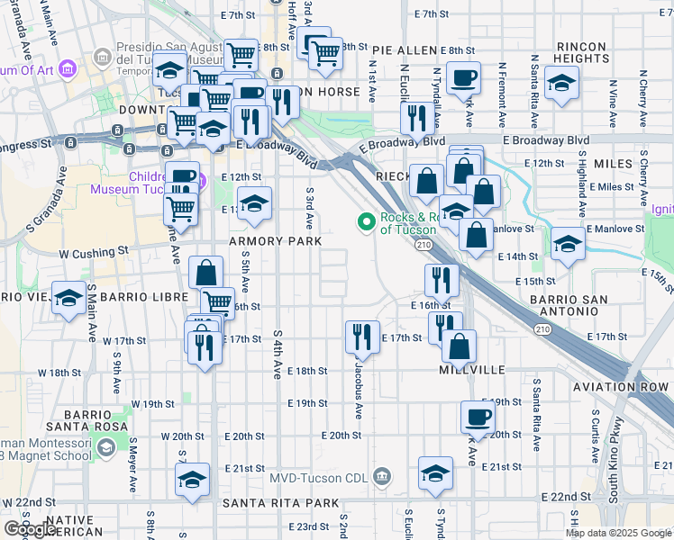 map of restaurants, bars, coffee shops, grocery stores, and more near 496 East Downtown Street in Tucson