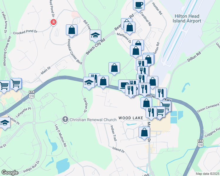 map of restaurants, bars, coffee shops, grocery stores, and more near 6 Southwood Park Drive in Hilton Head Island