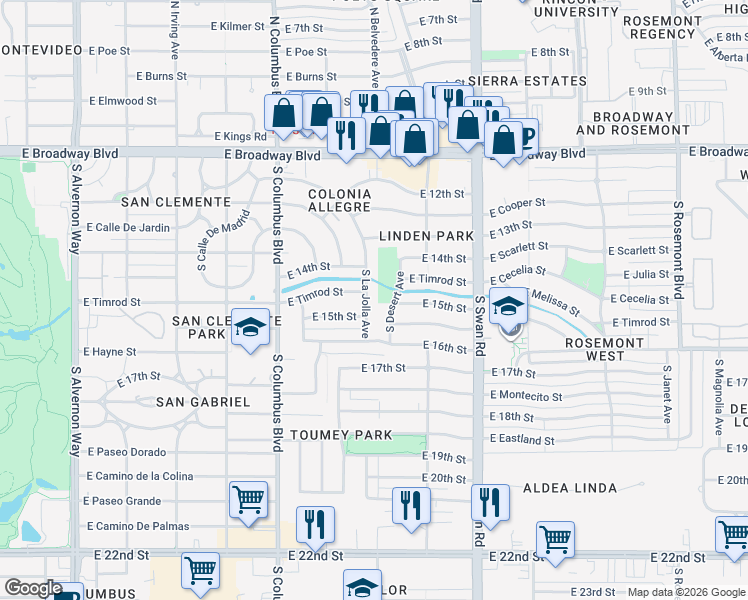 map of restaurants, bars, coffee shops, grocery stores, and more near 418 South Desert Avenue in Tucson