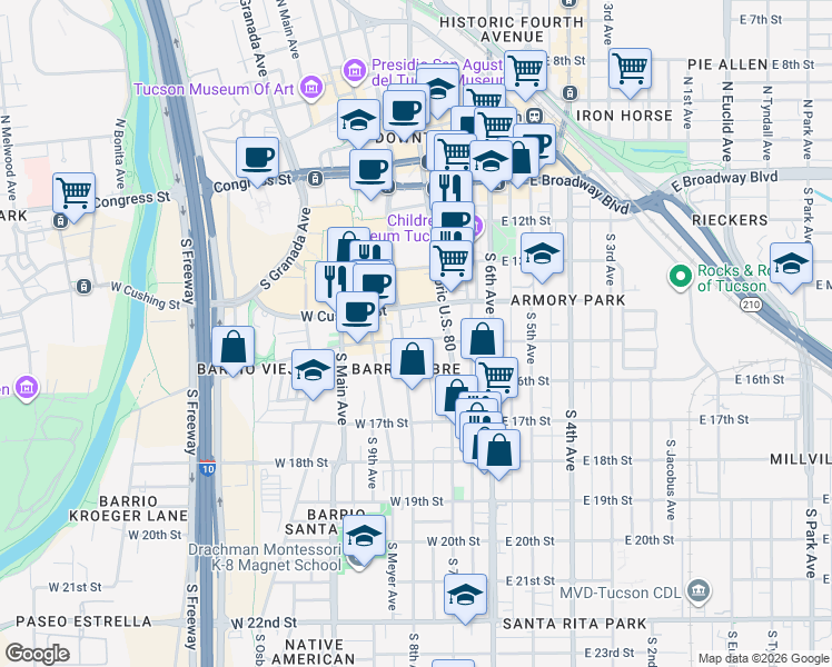 map of restaurants, bars, coffee shops, grocery stores, and more near in Tucson