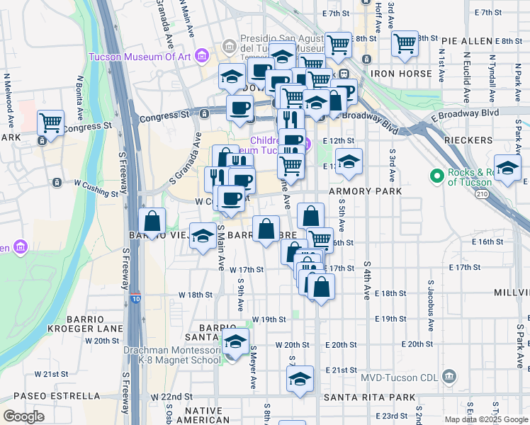 map of restaurants, bars, coffee shops, grocery stores, and more near in Tucson