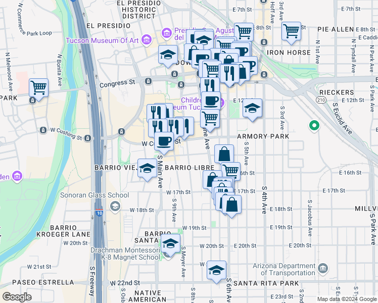 map of restaurants, bars, coffee shops, grocery stores, and more near in Tucson