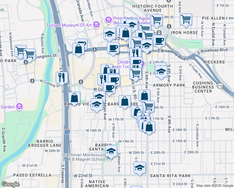 map of restaurants, bars, coffee shops, grocery stores, and more near 447 South Meyer Avenue in Tucson
