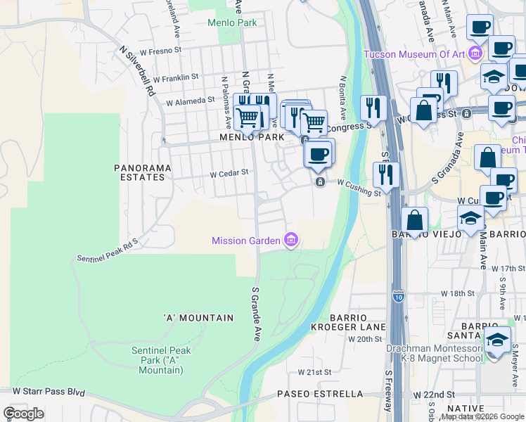map of restaurants, bars, coffee shops, grocery stores, and more near 149 South Grande Avenue in Tucson