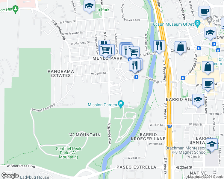 map of restaurants, bars, coffee shops, grocery stores, and more near 227 South Grande Avenue in Tucson