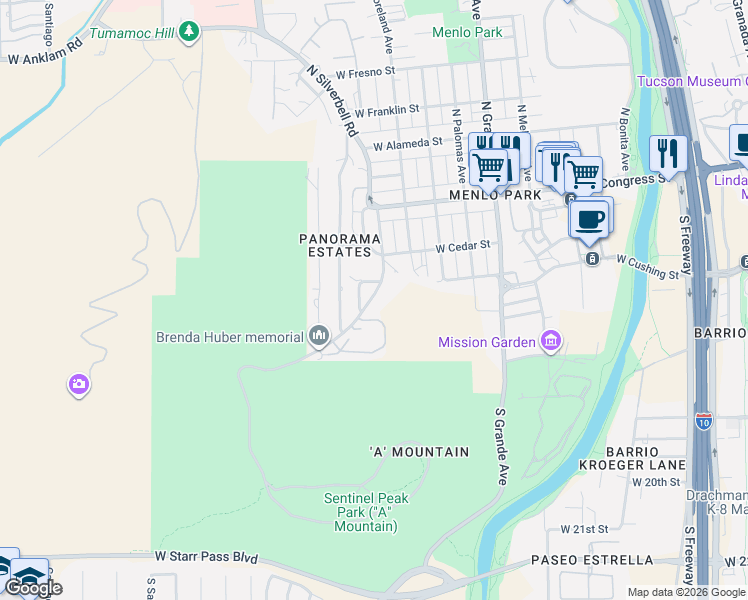 map of restaurants, bars, coffee shops, grocery stores, and more near 1366 West Clausen Circle in Tucson